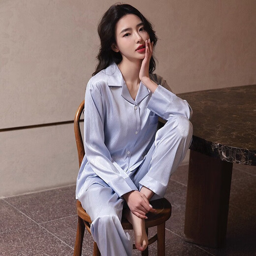 雪米亚冰丝睡衣女春秋夏季长袖长裤仿真丝女士夏天薄款网红家居服套装 NSXER-6623森林绿 L