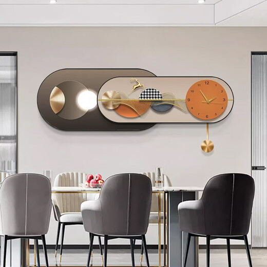 
Taoran North Road Restaurant Decoration Painting Modern Light Luxury High-end Watches Wall Clock Dining Room Hanging Painting Creative Overlay Living Room Background Wall Murals Fulu Double Collection 211326/327/607 120*40 Silent Clock + Classic Black Frame