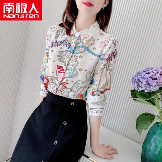 Antarctic chiffon shirt women's long-sleeved 2021 early spring new shirt trendy fashion loose slimming foreign style age-reducing retro printed temperament lapel shirt top trendy NRA86-093-color M