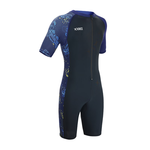 Yobel Men's Swimwear Professional One-piece Swimsuit Teenagers Sunscreen Quick-drying Plus Size Adult Surf Suit Summer Black with Blue Flowers XL Weight 110-130Jin Jin is equal to 0.5 kg