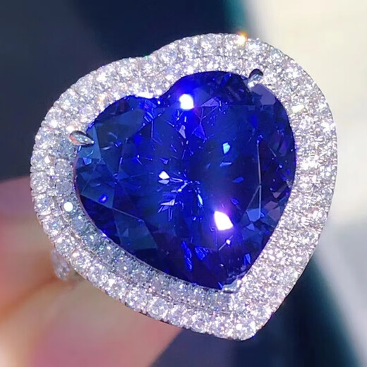 Youxi natural tanzanite ring, love, rich royal blue, collection grade, 18k diamonds, with certificate, blue, 10.02 carats