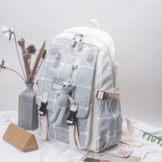 Futexi new canvas schoolbag female large capacity junior high school student high school student college student backpack computer bag V6328G elegant gray + tutoring bag + pencil bag