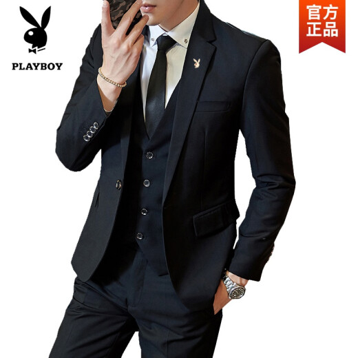 Playboy High-end Men's Wear 2021 New Suit Suit Men's Three-piece Suit Casual Formal Wear Professional Business Suit Fit Groom's Dress 01 Black Two-button Suit + Pants + Shirt Leather Tie Socks 2XL (recommended for 148-158 Jin [Jin equals 0.5 kg])