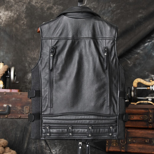 Lee dprre vest cowhide leather jacket men's short cycling heavy motorcycle leather vest trendy black 3XL