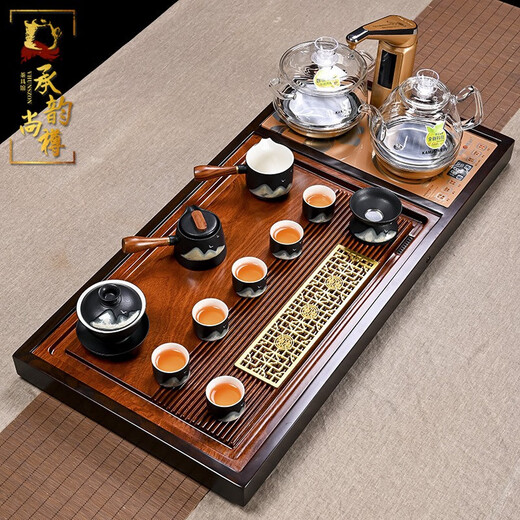 Chengyun Shangzun whole piece ebony rosewood solid wood Kung Fu tea set home simple living room Chinese tea tray fully automatic one classmate G9+ jade glass
