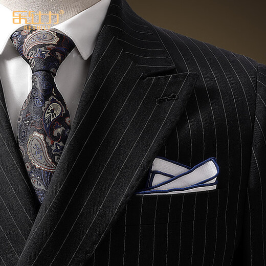 Leshili casual suit suit for men, high-end wool double-breasted striped slim business suit, groom's wedding dress, wool gray and black stripes, jacket + pants, 175/L 50 size, default 32 size pants