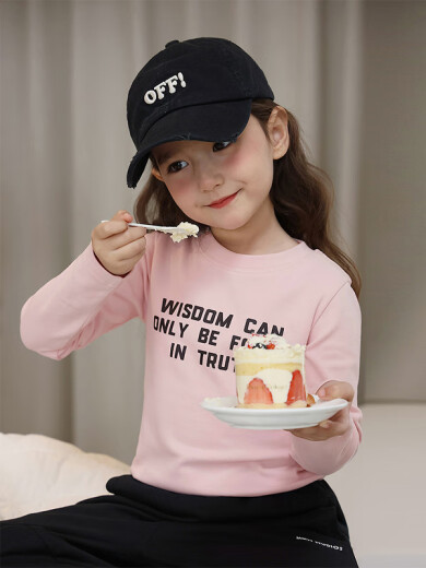 Chenchenma girls' long-sleeved T-shirt, spring and autumn parent-child wear, stylish solid color letter print short round neck top, pink pre-sale, arriving in warehouse on March 12, size 90, recommended height 8090CM