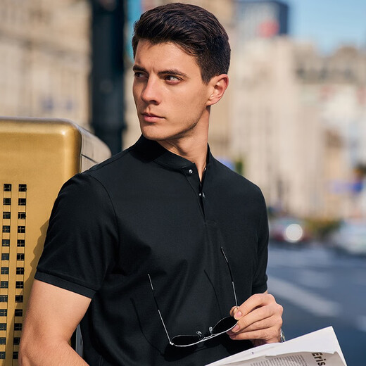 Mr. Cloth Fashion Stand Collar Pure Cotton Men's T-shirt Spring and Summer New Slim Black Short Sleeve Business Casual AT12023 Black L (175)
