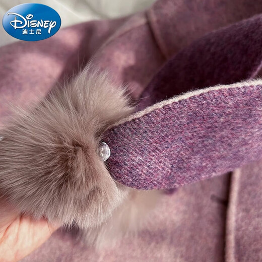 迪士尼女童加绒外套秋冬款2025新款洋气冬季小女孩呢子儿童加厚毛呢大衣 粉紫色【内里加绒 毛球都可拆卸 100cm