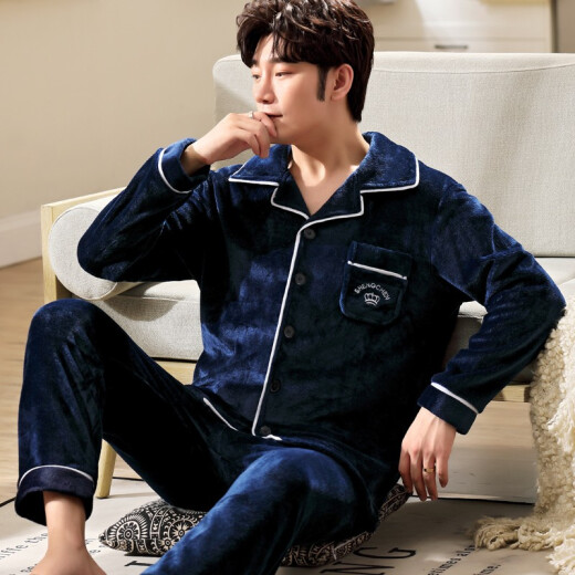 Langsha pajamas men's winter thickened coral velvet flannel spring and autumn cardigan large size home clothes plush warm autumn and winter long-sleeved loose two-piece suit navy crown K101 male XL size (recommended 125-155 Jin [Jin equals 0.5 kg])