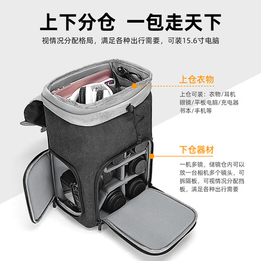 Kaden SLR camera bag backpack suitable for Canon Nikon Sony portable British shoulder large capacity travel backpack for men suitable for Fuji Sony Leica Canon M8 2 seconds side access + upper and lower compartments + USB charging black