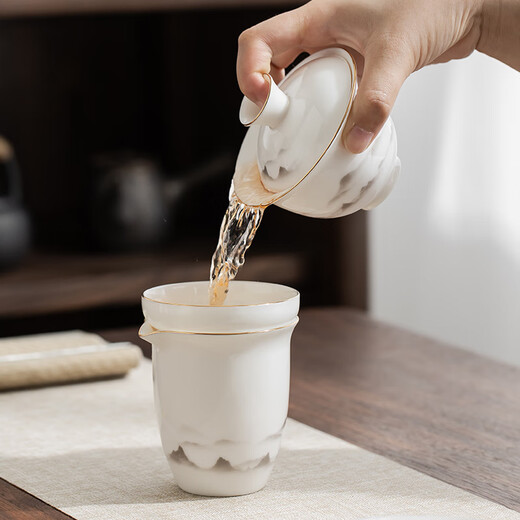 Gold inlaid jade mutton fat jade porcelain tea set white porcelain complete set ceramic Kung Fu tea set men's gift housewarming wedding moving gift Yunhai painted gold mutton fat jade porcelain tea set