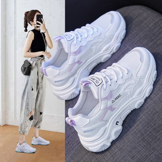 Yikailuofei casual shoes women's 2021 spring new dad shoes breathable student sports shoes Korean version ins versatile running shoes white shoes white purple 37