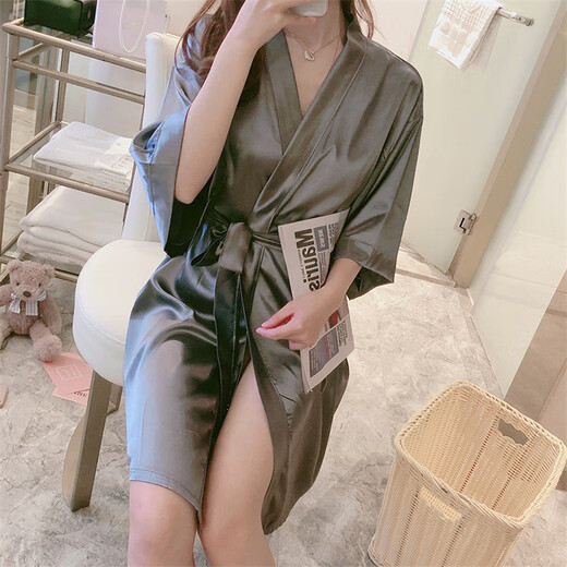 梦园朵睡衣女夏季冰薄浴衣睡袍系带睡性感女士短春秋网红家居服 9896蓝色 睡袍 M码(85-100斤)