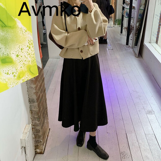 Trendy brand Avmko skirt women's autumn and winter new style retro temperament mid-length high-waisted a-line fairy skirt drape solid color pleated woolen umbrella skirt black L