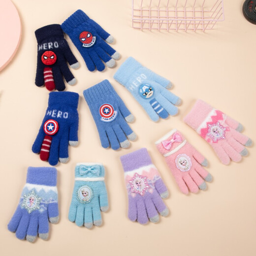 Disney children's five-finger gloves with velvet and thickening in winter to keep warm for girls ice and snow kindergarten elementary school students warm gloves flip pink princess one size fits all