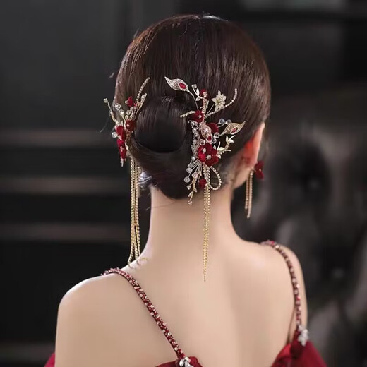 Shengli New New Chinese Style Red Velvet Flower Tassel Headdress Bride Xiuhe Clothing Ancient Style Walking Toast Clothing Hair Accessories Ancient Style Hanfu Headdress Set Ear Hook Style