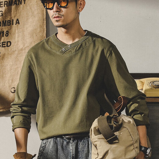 Jeanswest American heavy combed cotton t-shirt men's autumn and winter new solid color loose Henry collar trendy brand long-sleeved T-shirt military green 2XL suitable for 160-180Jin Jin equals 0.5 kg