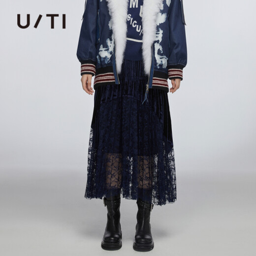 [Same style in shopping mall] uti Youti's new skirt, mid-length skirt, velvet pleated skirt, navy blue lace skirt, women's navy blue 34/155/S