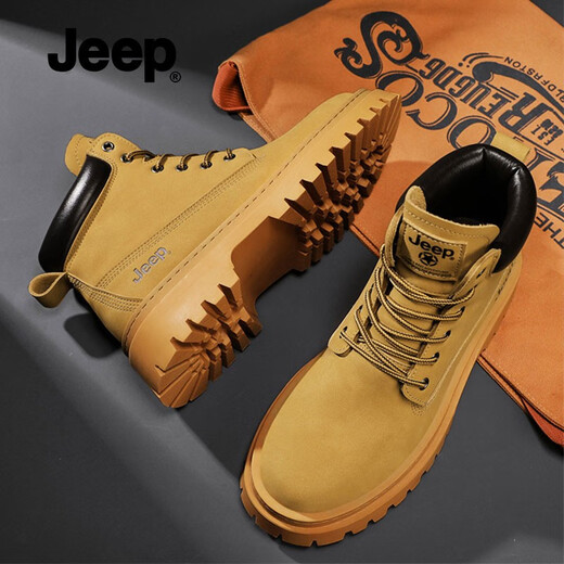 Jeep吉普高帮踢不烂大黄靴男秋冬新款休闲厚底马丁靴英伦风工装靴子男 土黄【标准运动鞋码】 40
