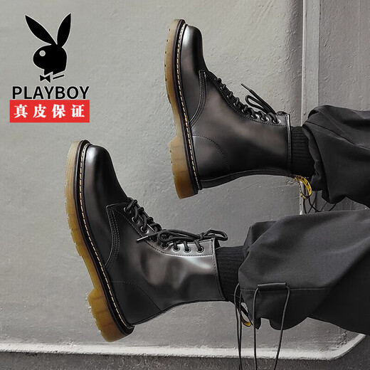 花花公子马丁靴男款中帮英伦风高帮皮鞋2025新款透气薄款短靴工装黑色皮靴 6198 【黑色百搭款】 40