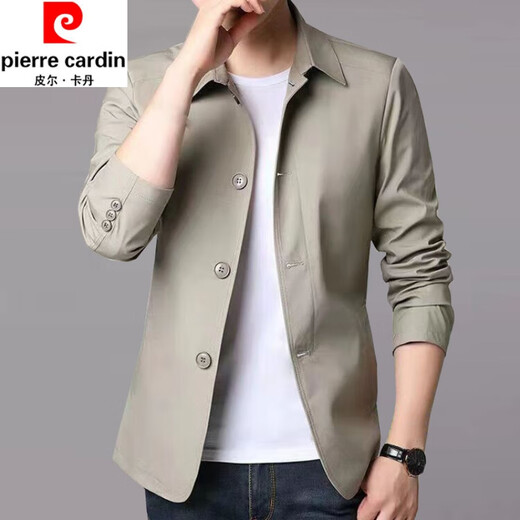 Pierre Cardin spring and autumn new men's jacket business casual middle-aged large size solid color lapel Korean style slim windbreaker jacket light gray 1048 XL recommended 130-145Jin Jin equals 0.5 kg
