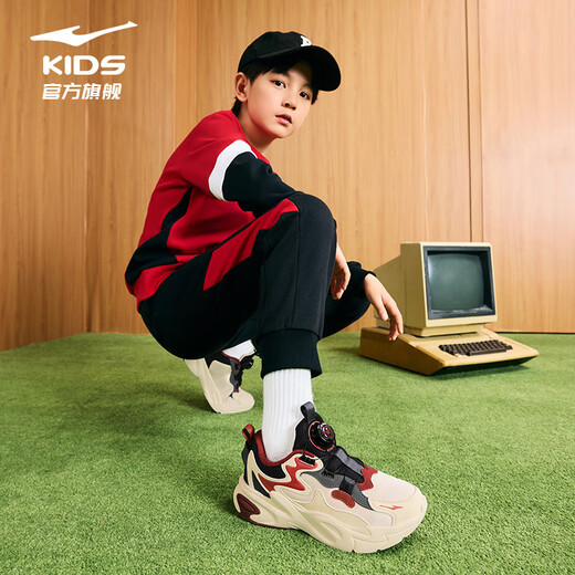 Hongxing Erke (ERKE) children's shoes, boys' and girls' sports shoes, children's medium and large children's knob buckle casual shoes, warm linen/black 33