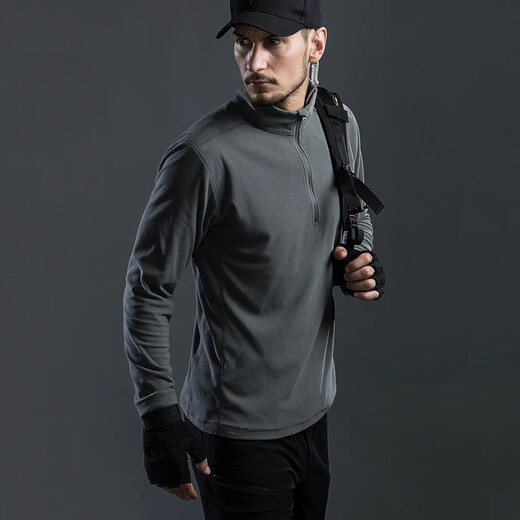 Eagle Claw Shuttler Fleece Jacket Spring Autumn Winter Men's Long Sleeve Warm Bottoming Shirt Knitted Cardigan Outdoor Casual Sweater Henry Collar/Fleece Bottoming Shirt - Black S