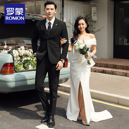 ROMON groom wedding formal suit men's three-piece business casual suit men's British elastic slim suit medium gray top + pants + vest white shirt 50/L 105-120Jin Jin equals 0.5 kg to wear