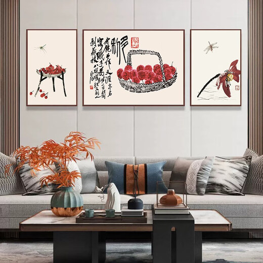 Qi white graphite shrimp new Chinese style decorative painting living room sofa background wall painting ink Chinese style restaurant study hanging painting 23 ink shrimp 3 horizontal version 30*40 simple wood grain color frame + canvas