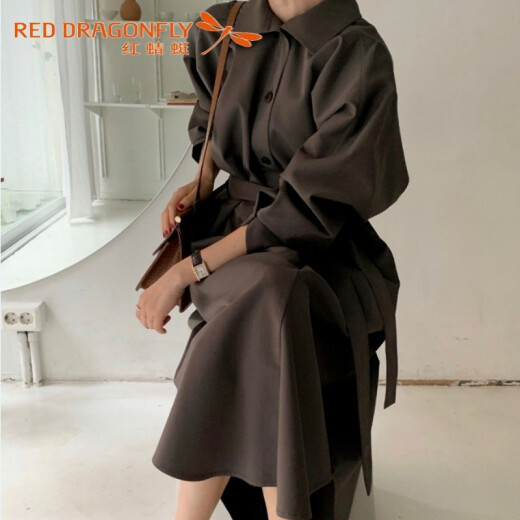 Red Dragonfly New Spring and Autumn Dress 2020 New Korean Bat Sleeves Lapel Buttons Lace-up Waist Hepburn Style Skirt Coffee Color One Size