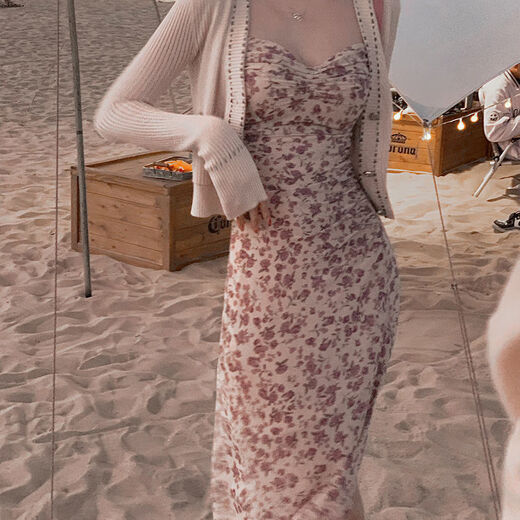 GOCHIEI2025 Women's Summer Outerwear Floral Suspender Dress Temperament Sleeveless Floral Skirt Slim Sexy Long Dress Fashionable Brown XL Recommended 118-135 Jin Jin equals 0.5 kg