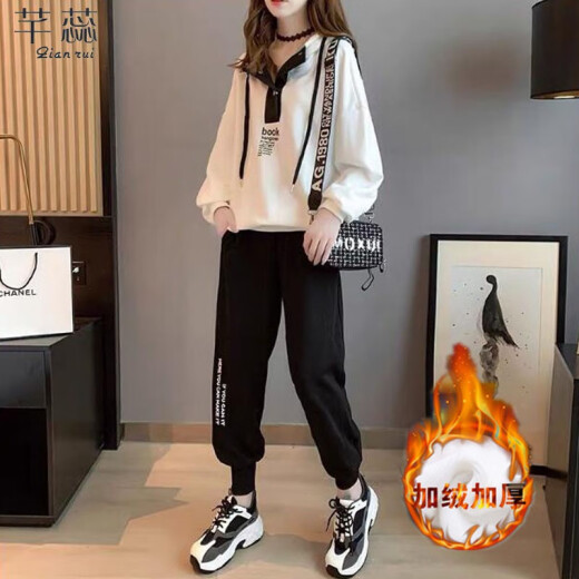 Ruirui sweatshirt for women with velvet 2020 Korean style women's new fashion casual sports suit for female students hooded loose autumn and winter thickened two-piece set trendy white velvet please take the correct size or consult online customer service