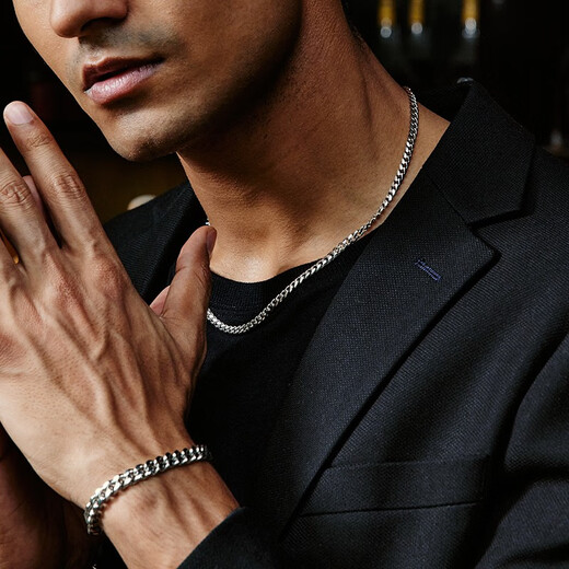 IDEAGEMER925 Silver Cuban Necklace Men's Trendy Fashion Personality Handsome and Versatile European and American Fine Style Boys Plain Chain Clavicle Chain Silver Cuban Chain 55CM