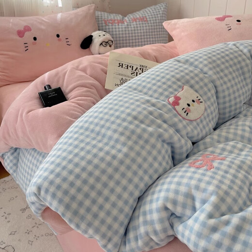 Enxing winter thickened plus velvet bed four-piece set coral milk flannel towel embroidered quilt cover sheet baby velvet bedding GL Blue Cat Cat A thickened milk velvet softer and warmer 1.5m bed sheet style four-piece set - quilt cover 200*230cm