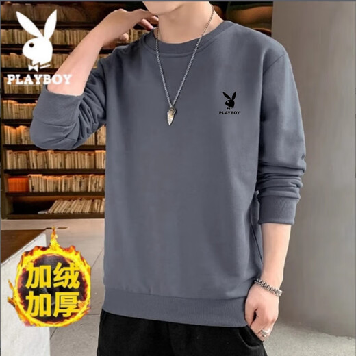 Playboy (PLAYBOY) men's sweatshirt long-sleeved tops plus velvet bottoming shirt men's spring and autumn new simple round neck pure cotton loose large size sweatshirt black regular style XL (recommended 115-125Jin Jin equals 0.5 kg)