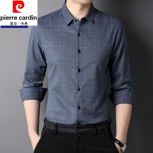 Pierre Cardin pure cotton long-sleeved shirt for men spring and autumn new style middle-aged business casual no-iron anti-wrinkle plaid shirt for dad 2281 gray spring and summer 175/XL recommended 135-150Jin Jin equals 0.5 kg