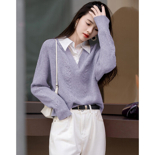 Demana Cloud Sweater Spring and Autumn Simple Style Commuting Spliced ​​Lapel Comfortable Fiber Velvet Yarn Covering Flesh Knitted Sweater Women's Top