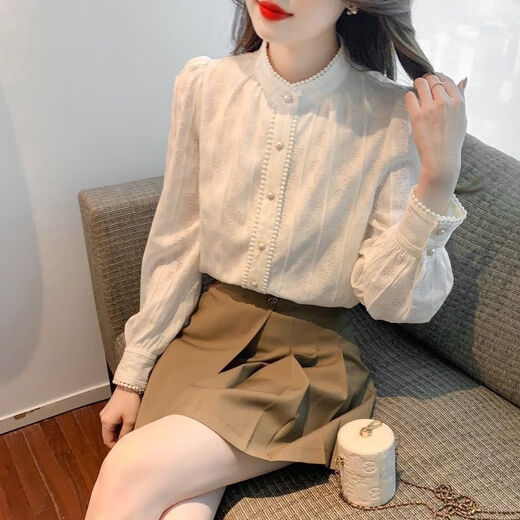 Woodpecker half turtleneck plus velvet lace bottoming shirt for women autumn and winter 2025 new autumn style style inner shirt long-sleeved top apricot (velvet thickening) M recommended 99-108Jin Jin equals 0.5 kg