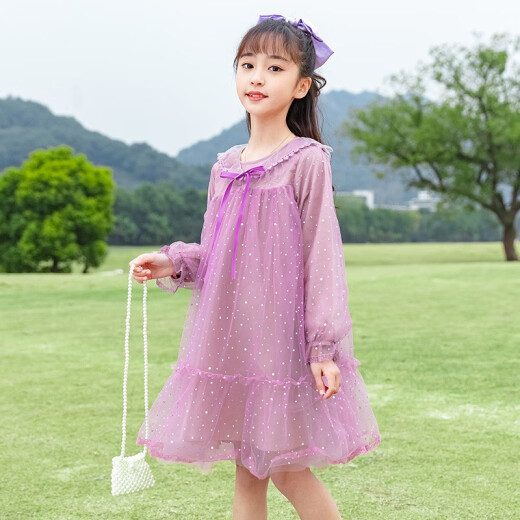 Zemeiyi children's clothing girls' dresses children's skirts 2021 spring new medium and large children's girls' dresses Korean version sweet and stylish mesh princess skirt purple 140 (recommended 126-135cm)