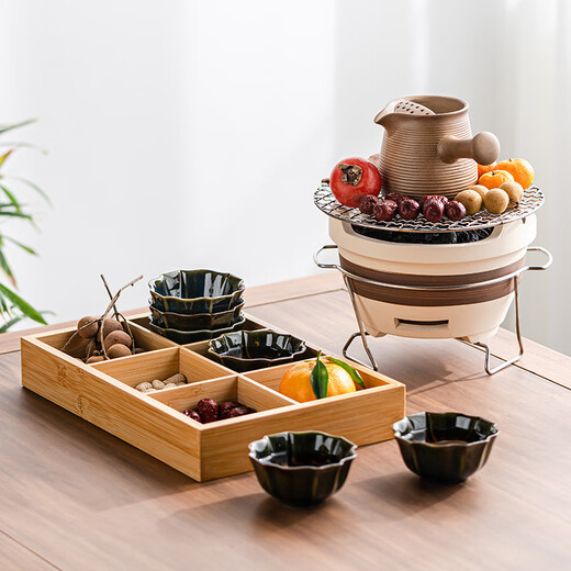 Fu Jian BBQ stove, tea-cooking stove set, outdoor charcoal stove, barbecue and heating, household indoor stove, 24CM extra large complete set (ceramic stove + grilling net + iron frame)