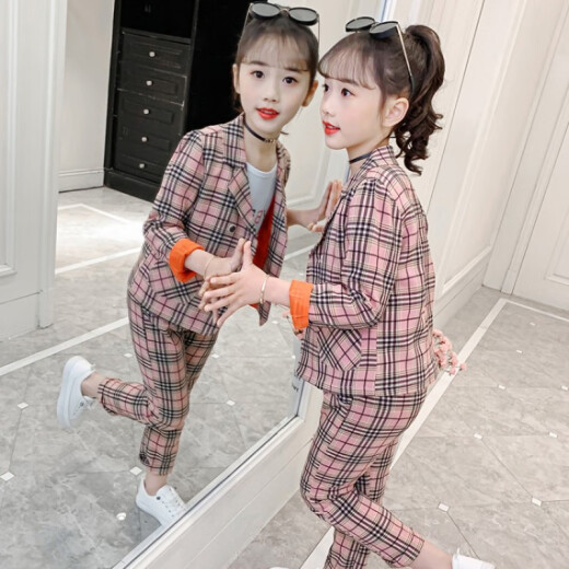 Qiongying Children's Clothing Girls Suit Spring and Autumn Plaid Small Suit Western Style Korean Children's Suit Suit 2021 New Spring and Autumn Suit Collar Jacket Plaid Suit Red 140