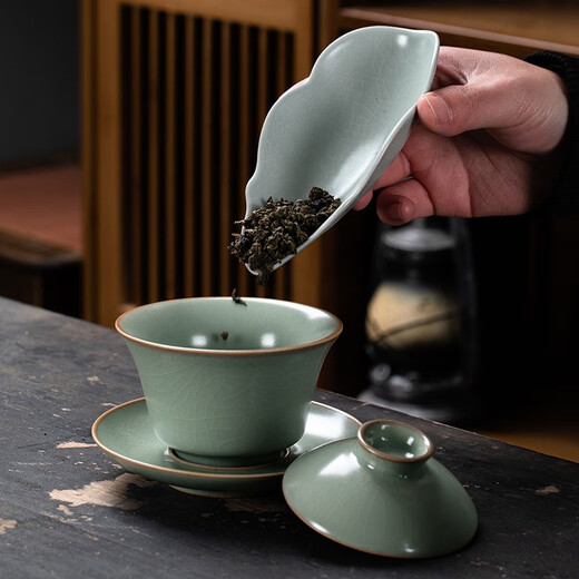 Rudao Ru Kiln Pu'er Tea Lotus Tea Art Appreciation Tea Spoon Ru Porcelain Split Japanese Tea Shovel Tea Spoon Tea Taker Can Hold Split Ru Porcelain Tea Ceremony Tea Set Accessories New Pink Green Roll Lotus Leaf Tea Plate