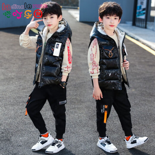 Three-piece set of Lading Paradise children's clothing, boys and children's suits, autumn and winter clothing, 2020 new style for middle and large children, fashionable and velvet thickened gold velvet sweatshirts, vests and pants, little boys' clothes, 701 meters white, 120 sizes, recommended height 110CM