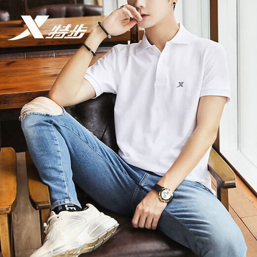特步短袖T恤男装新款透气耐磨t恤翻领polo衫速干冰丝感休闲运动服上衣 白色(速干翻领) L /175