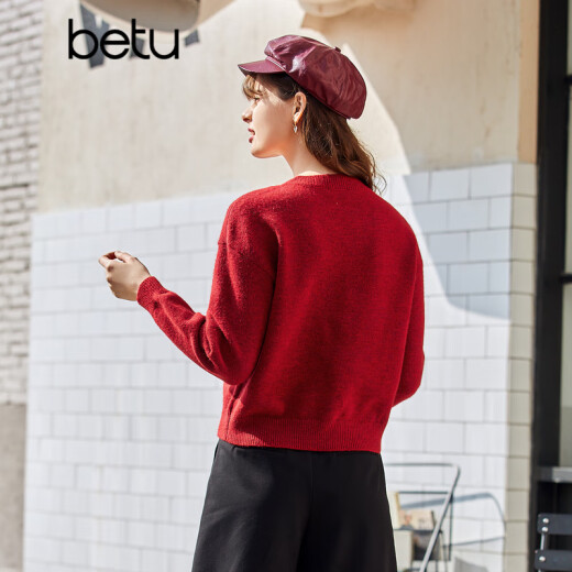 betu Baitu Women's New Year Red Sweater Women's Short Off-Shoulder Round Neck Pullover Wool Sweater JD2101T01 Red M