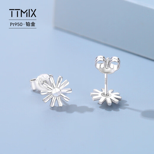 TTMIX Little Daisy PT950 Platinum Earrings Women's Platinum Small Fresh Flower Earrings 2.2-2.4g+Blue Ribbon Gift Box