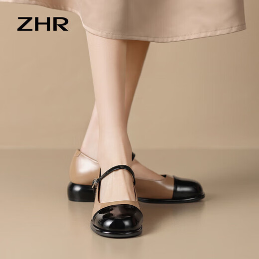 ZHR Loafers Women's Retro French Splicing Mary Jane Shoes Women's Fashionable and versatile single shoes Women Y686 Apricot 37