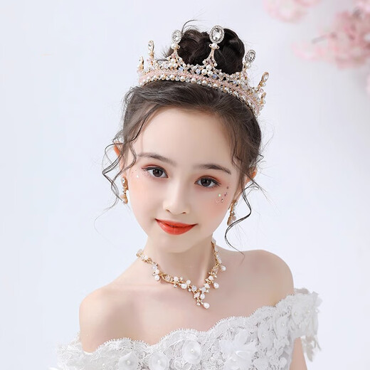 Oein children's crown tiara girl birthday crown little girl gift diamond imitation crystal headband party catwalk model pink pearl European style crown