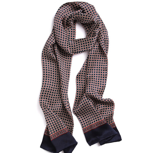 Hangsi Road Silk Scarf Men's Mulberry Silk Scarf Autumn and Winter Versatile High-end Silk Spring and Autumn Thin Scarf Men Elegant and Deep-Navy Blue and Red Plaid (Regular Style)